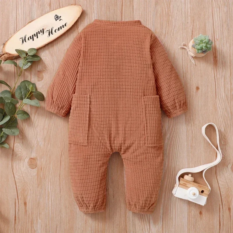 PatPat Baby Girl/Boy Solid Color Textured Button Design Long-sleeve Jumpsuit Soft and Comfortable  Perfect for Outings