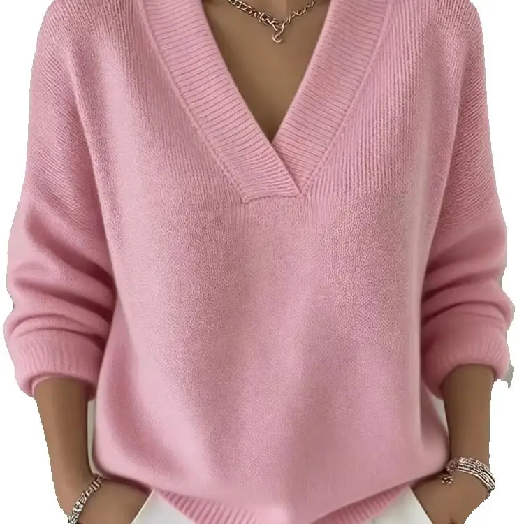 European and American Plus-Size Women's Clothing, Autumn and Winter High-End Elegant Casual Soft Pullover V-Neck Knit Sweater for Women