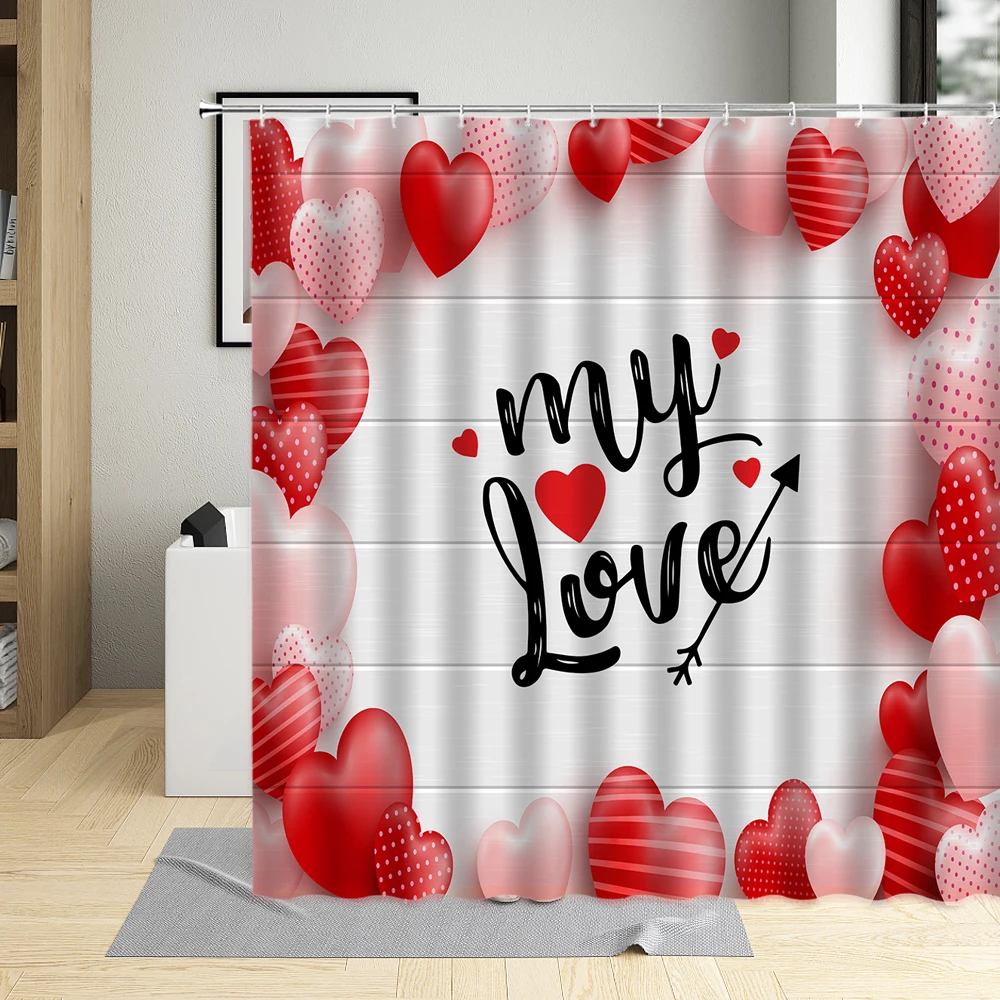 Romantic Valentine\'s Day Shower Curtain Couples Red Rose Flower Wine Glass Butterfly Piano Keys Home Bathroom Waterproof Fabric