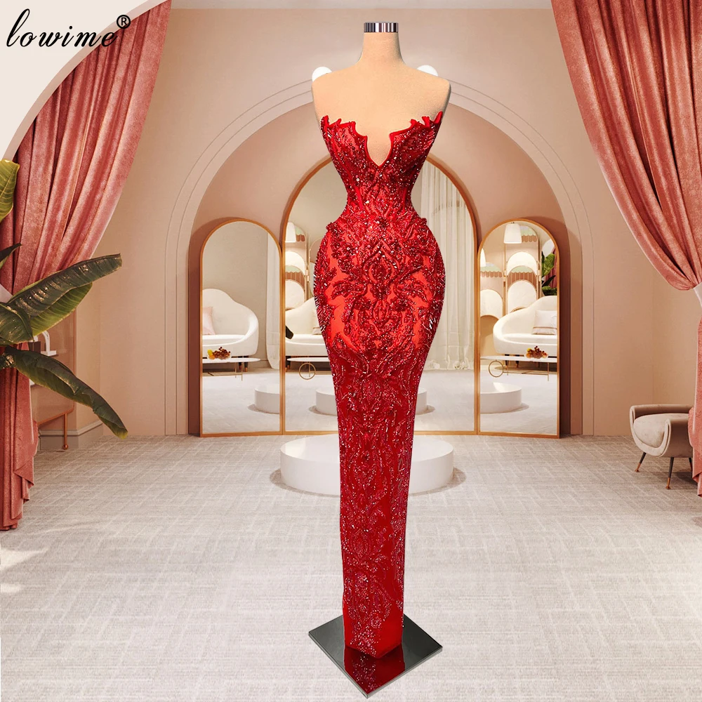 Two Pieces Red Beaded Evening Dresses Lace Sleeveless Wedding Party Dresses With Detachable Train Party Gowns Robes De Soirée