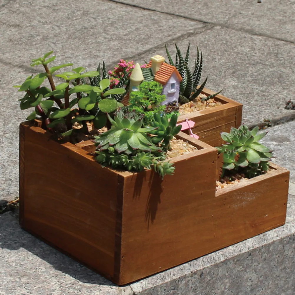 1Pcs Succulent Flowerpot 3 Grids Wooden Box Vintage Color Compartment Sundries Organizer Versatile Wood Planter Herb Organizer