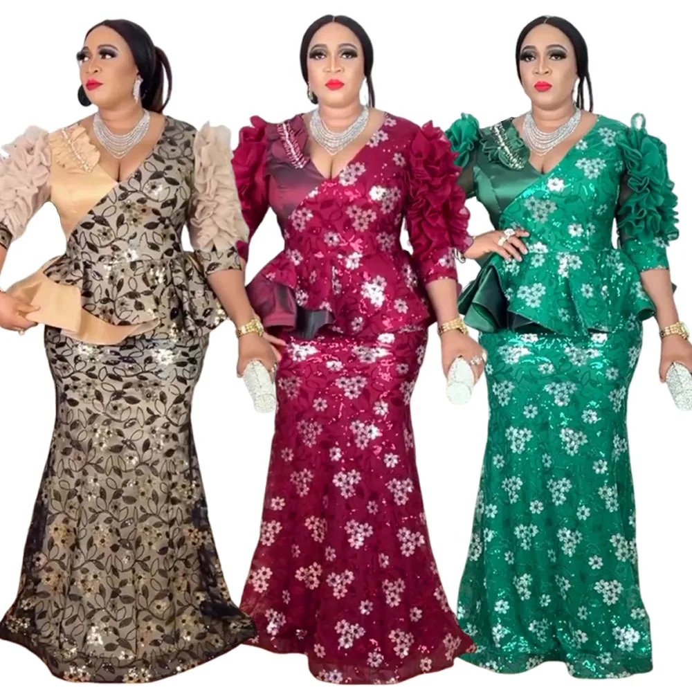 Gaun Pesta Afrika Ukuran Besar Berpayet untuk Wanita Dashiki Gaun Panjang Bodycon Seksi Gaun Malam Pernikahan Muslim Elegan