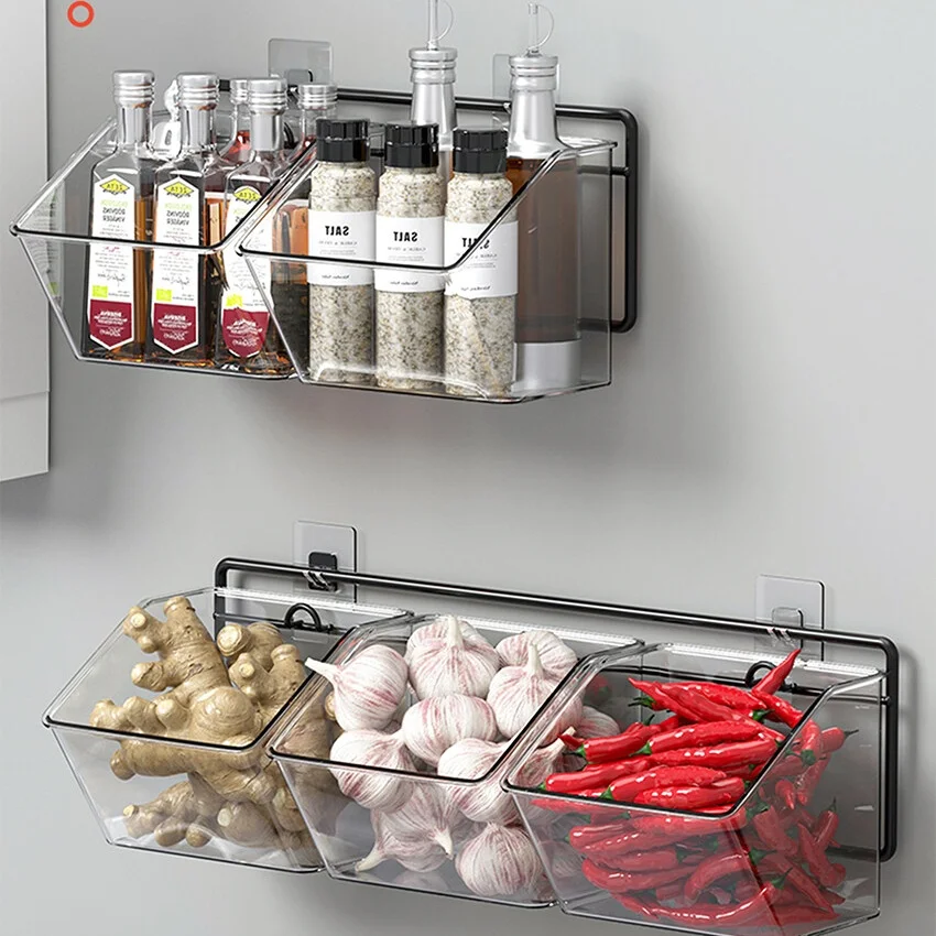 Home Kitchens Floating Wall Spice Racks Onion Ginger Garlic Seasoning Storage Shelves Vegetable Fruit Drain Accessories Basket
