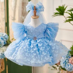 Girls' Dress 2024 Baby Butterfly Little Flying Sleeves Princess Dress Children's Fashion Fluffy Dress Wedding Performance Gauze