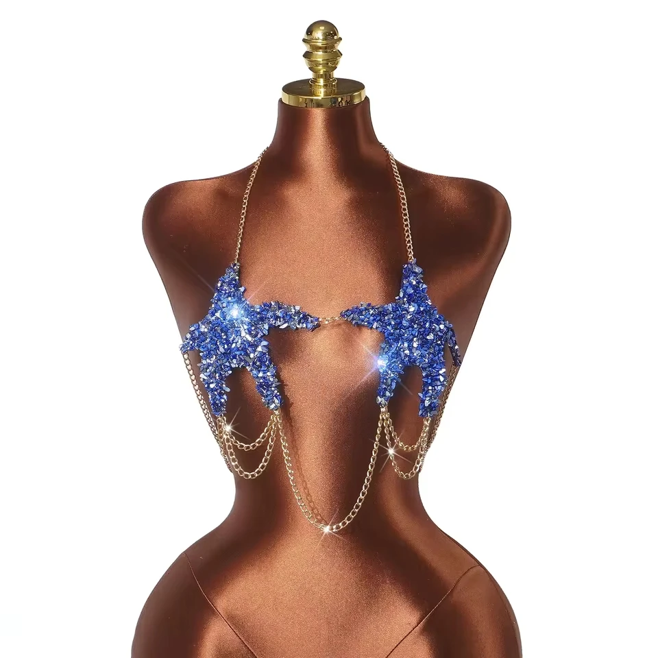 European And American Hot Girl Red Starfish Sequin Halter Vest Heavy Rhinestone Chain Bra For Music Festival Parties