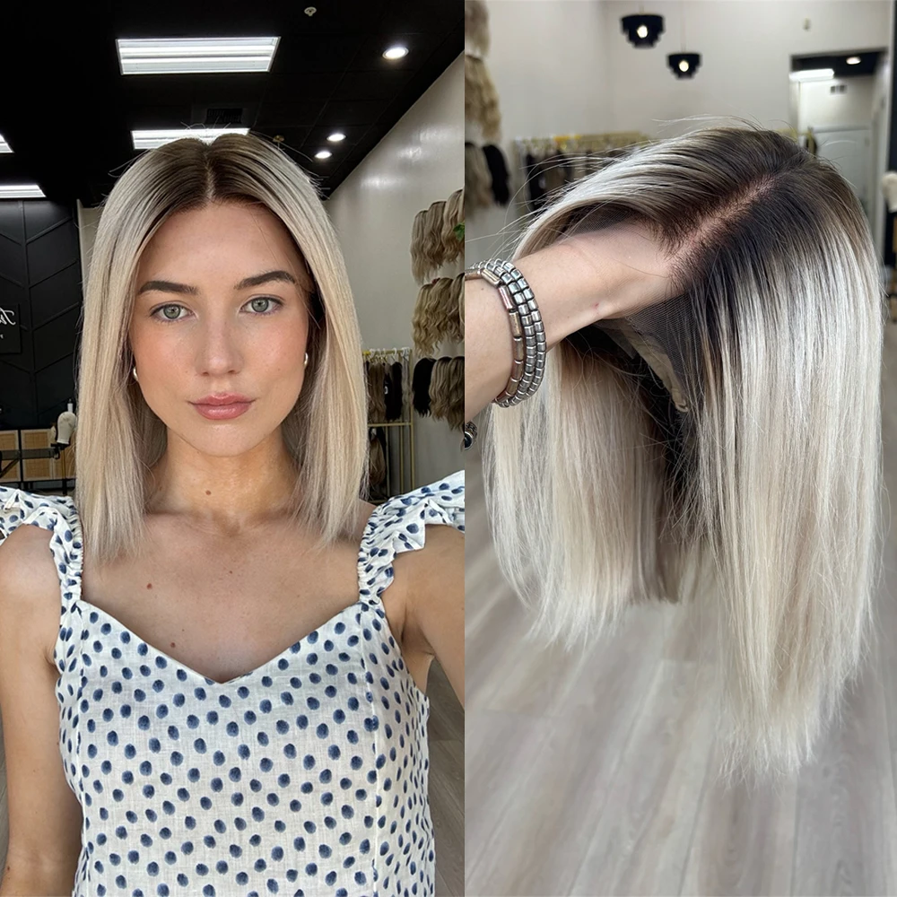 

Short Platinum Blonde Bob Wigs for White Women Ombre Blonde Wig with Brown Roots Straight Heat Synthetic Fibre Daily Party Wig