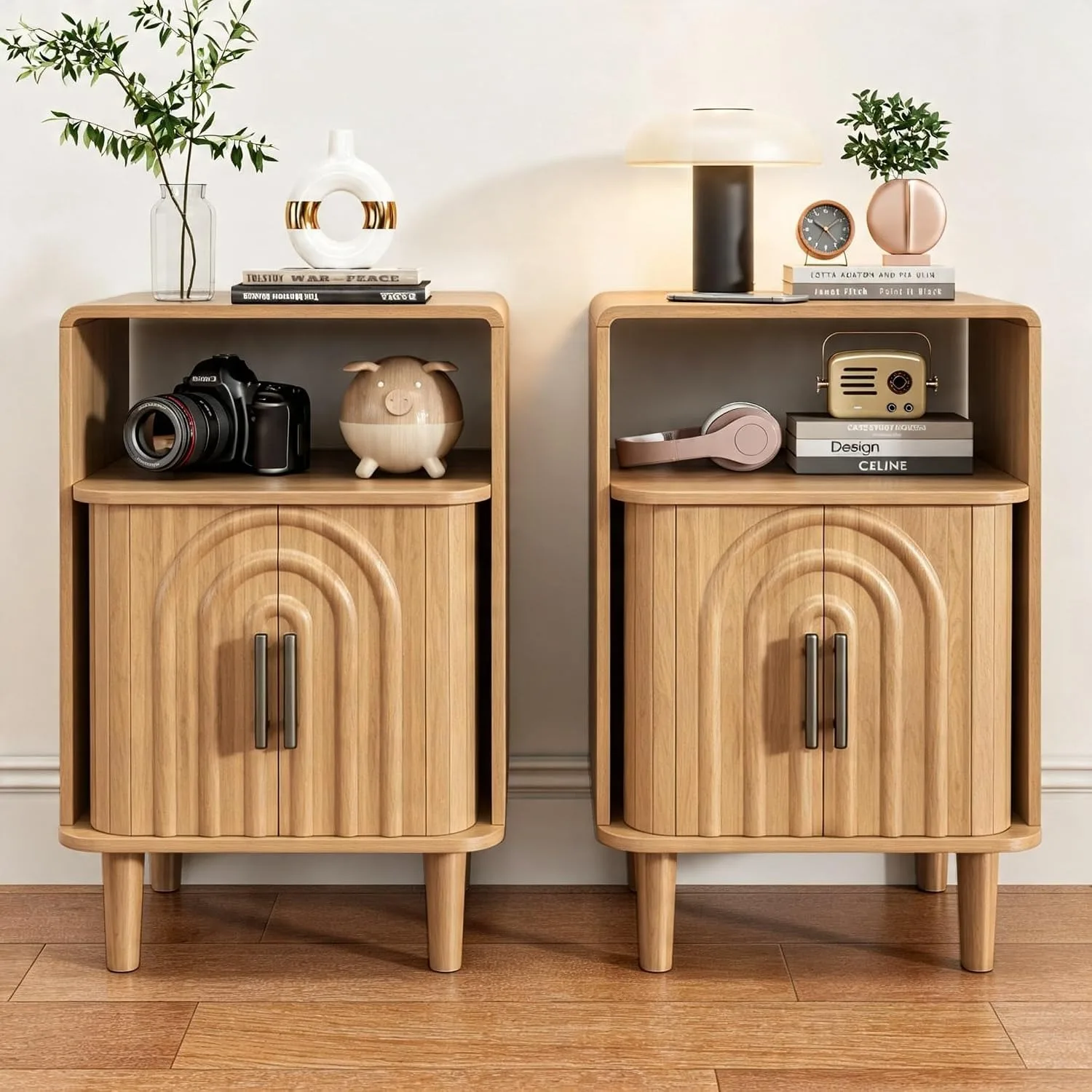 Mid Century Modern Nightstand Set of 2, End Table with Door, Side Table