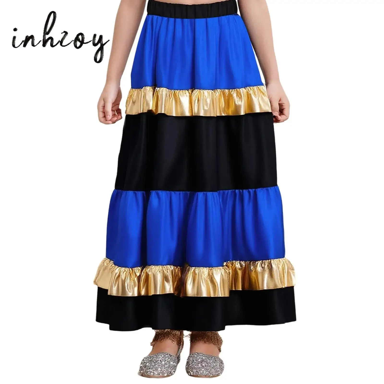 

Kids Girls Waltz Flamenco Dance Skirt Metallic Shiny Contrast Color Tiered Ruffled Satiny Big Swing Maxi Skirt for Spanish Dance
