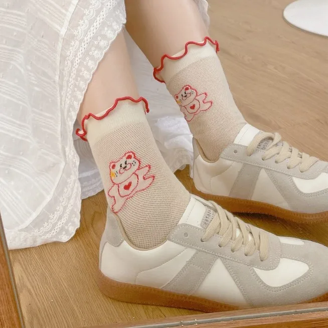 Ladies Spring Summer Cartoon Bear Cotton Color Sweet Girly Mesh Mid Tube Stockings For Teen Girls Socks Wooden Ear Edge Candy