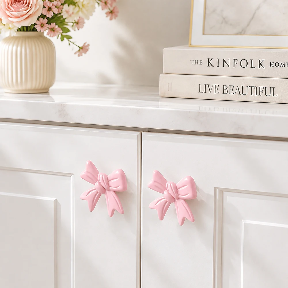 Classic Pink Bow Cabinet Pulls Drawer Handle Zinc Alloy Metal Pulls for Home Bedroom Kitchen Hardware Cupboard