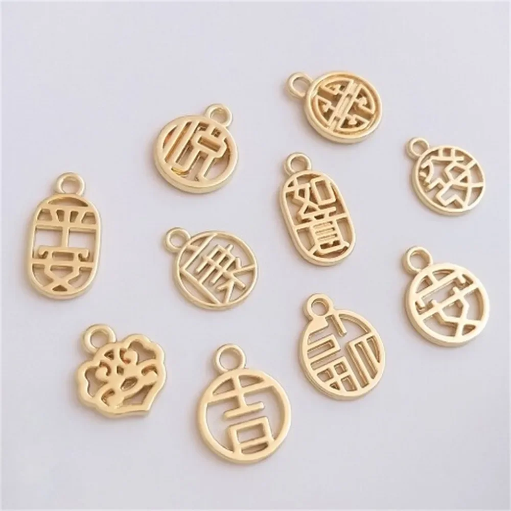 14K Genuine Gold Auspiciousness Peace Fortune Round Sign Pendant Bracelet Jewelry Small Pendant Charms K422