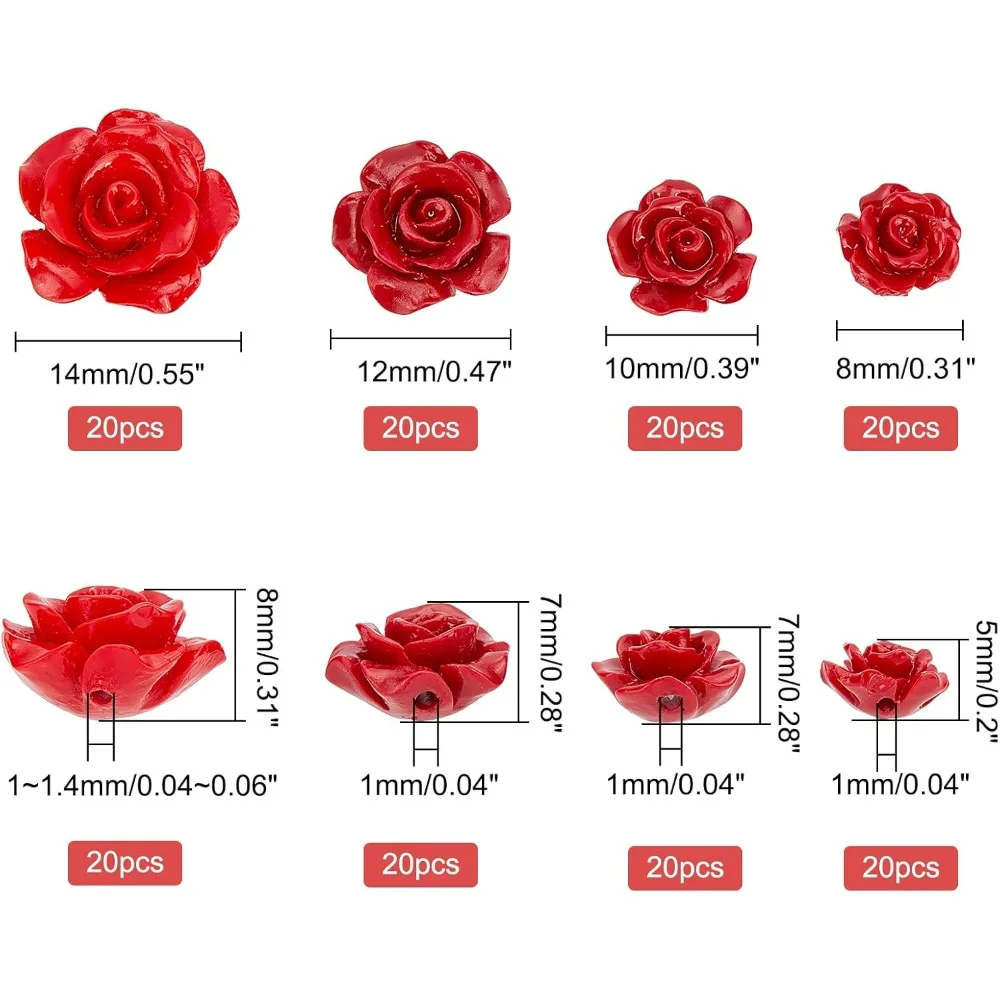 80 Pcs Red Rose Flowers Beads 4 Styles Dyed Synthetic Coral Beads Flower Carving Charms Loose Beads for Valentine's Day DIY