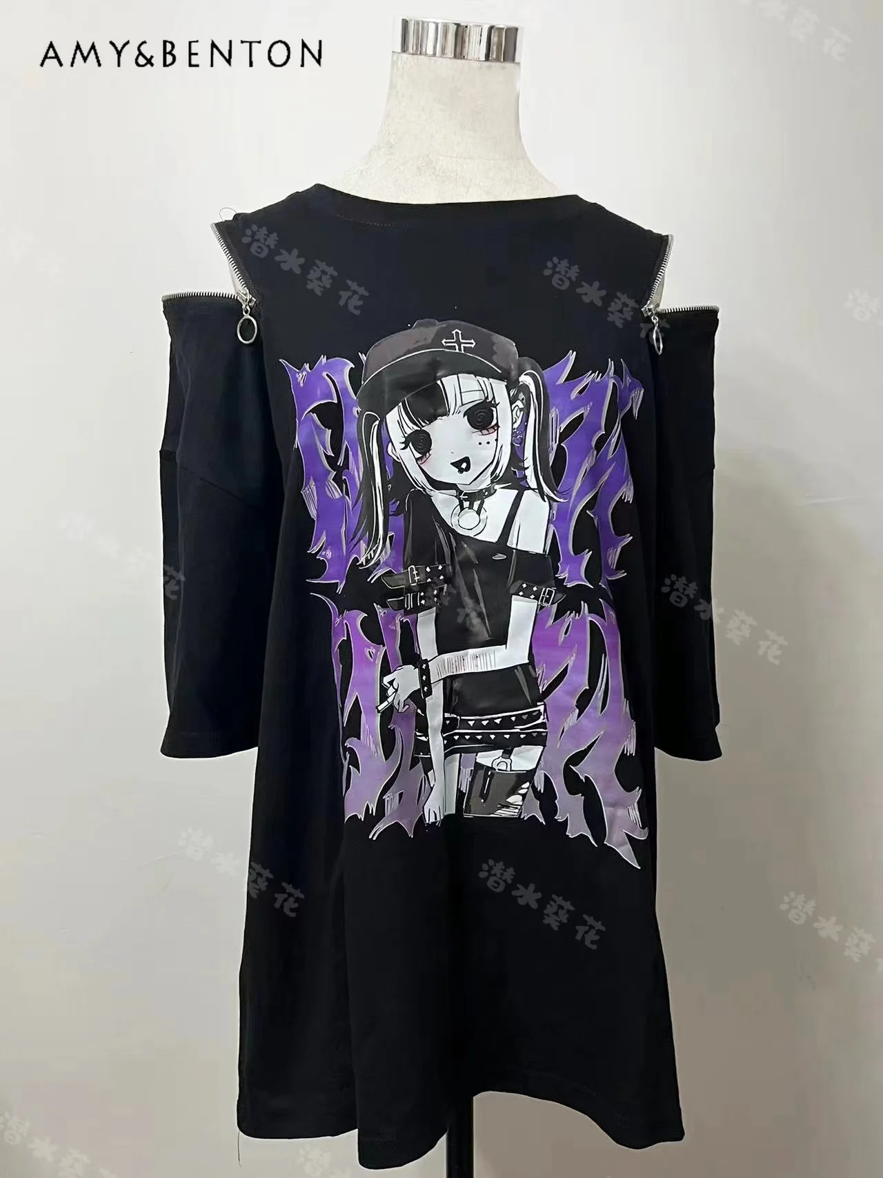 

Original Gothic Street Zipper Off-the-shoulder T-shirt Subculture Loose Mine Series Cute Short-sleeved Summer Oversized T Shirt