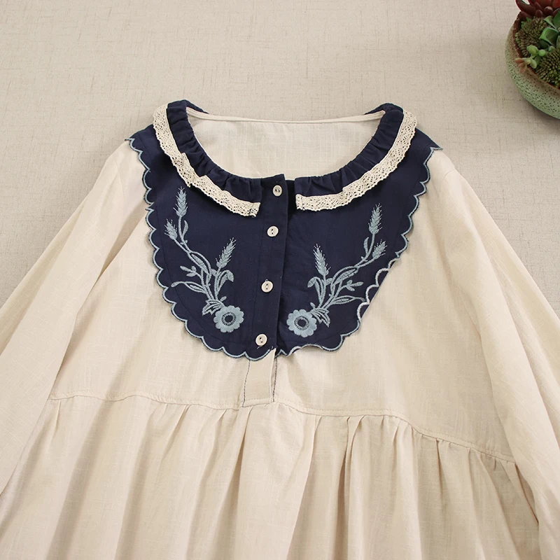 Spring New Japanese Sweet Mori Girl Lace Embroidery Patchwork Dress Women Ruffled Collar Three Quater Sleeve Casual Loose Dress