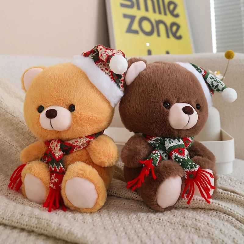 Série Natal Brinquedos Peluches, Lovely Bear Wear, Chapéu de Natal, Bichos de Pelúcia, 3 Cores, Boneca de Pelúcia, Decoração de Natal, 23cm