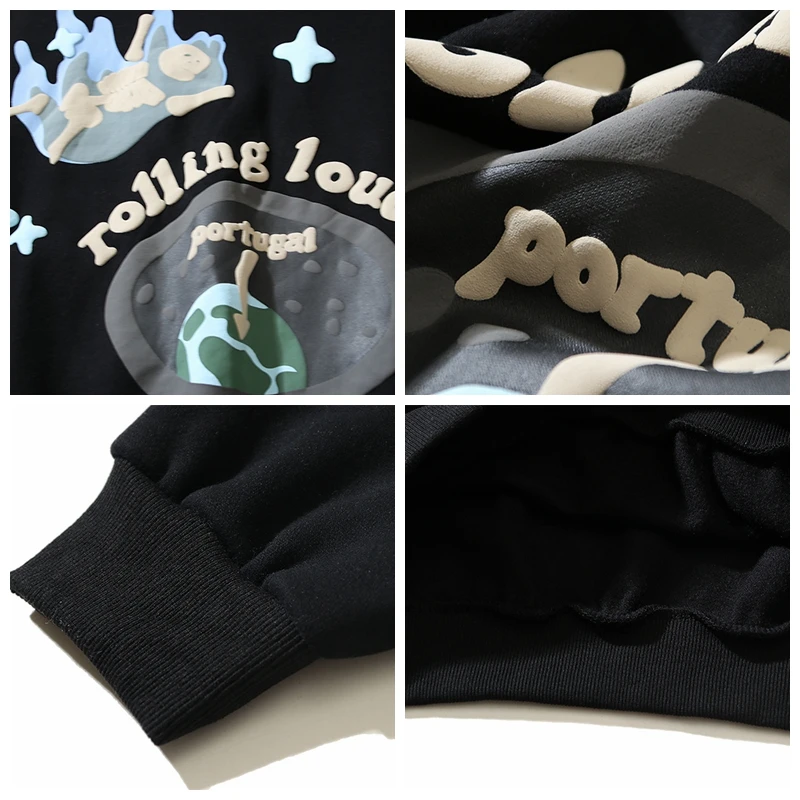 Pull à capuche en coton vintage pour hommes, impression de mousse de crâne de nuage roulant, sweats à capuche PVD noirs, rue européenne et américaine