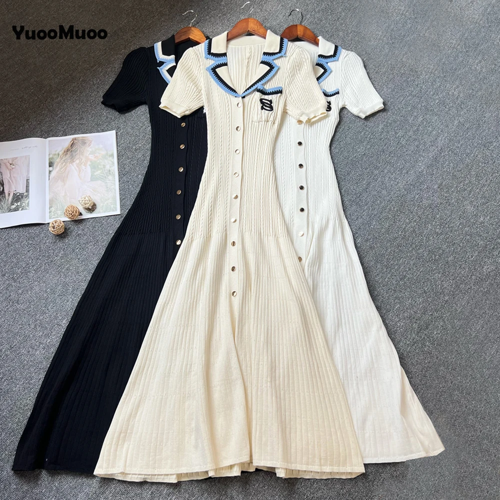 

YuooMuoo Chic Fashion Embroidery Women Maxi Dress Elegant Turn-down Collar Knitted Long Shirt Dress Office Lady Party Vestidos