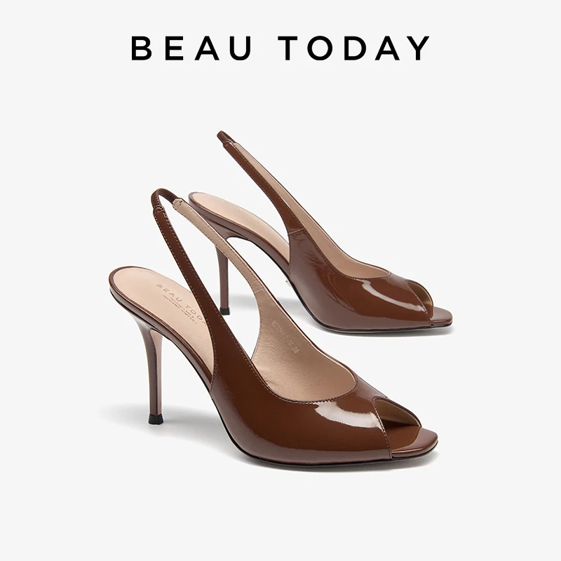 BEAUTODAY Sexy Sandals Women Patent Leather Solid Color Peep Toe Elegant Pumps Back Strap Slip-On Ladies Shoes Handmade MS3D053