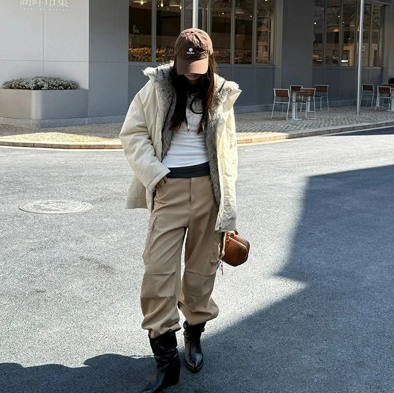 하이넥 미디 길이 프린지 코트 여성 의류 아메리칸 스타일 패션 양면 두꺼운 따뜻한 재킷 겨울 루즈핏