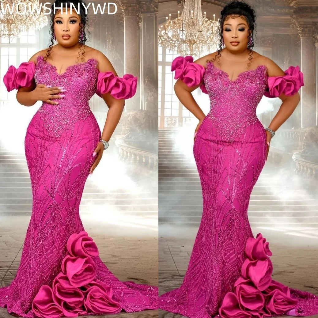 

Customized 2025 Fuchsia Mermaid Prom Dresses Flowers Sequined Lace Rhinestones Evening Formal Party Birthday Gowns Dresses ZJ164