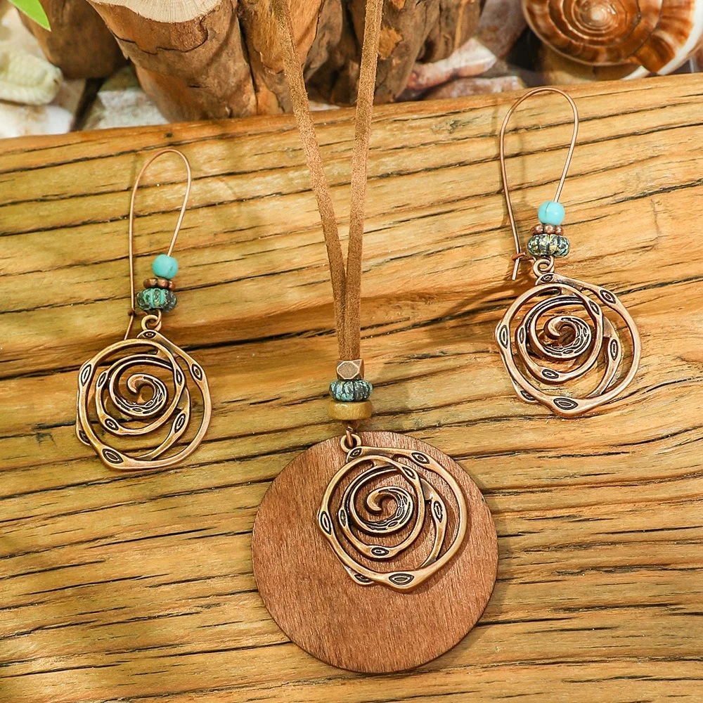 Alloy Geometric Jewelry Set Vintage Distressed Finish Geometric Shape Necklace Earrings Set Retro Style Wood Sweater Chain