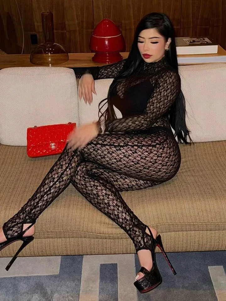 

Sexy Women Jumpsuit 2025 Trend Jacquard Midnight Party Full Sleeve Elastic Nighout Club Fit Tight Activity Overalls