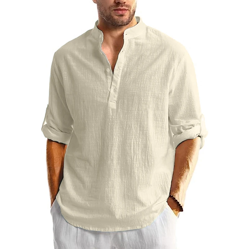 Men\'s Linen Button Down Shirt Long Sleeve Casual Button Up Beach Summer Shirts Banded Collar