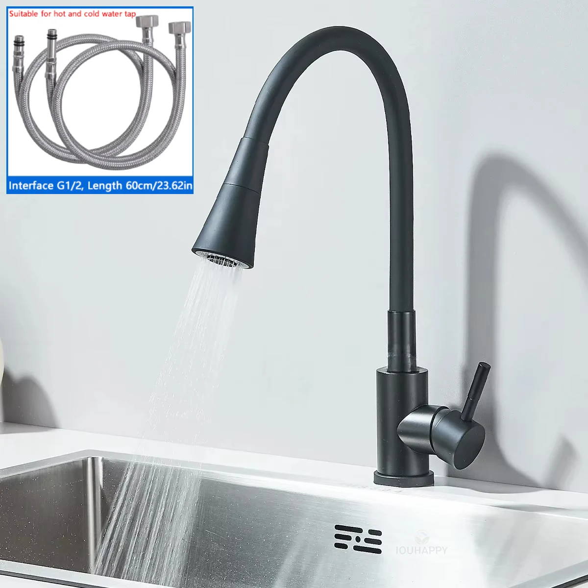 360 ° Rotatable Kitchen Faucet, High-Quality Hose, High-End Black Sink Single Handle Deck Mount Cold Hot Water Mixer Water Tap