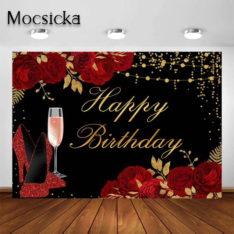 Mocsicka Birthday Party Decoration Photography Backdrops for Woman Shiny Red Heel Flowers Background Portrait Photo Studio Props