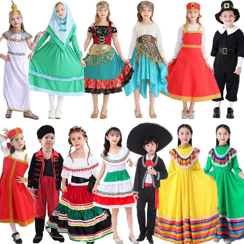 i World Ethnic Sle loween Dr Toddler Performance Costume Children's Traditional Outfit Polyester Summer 2024