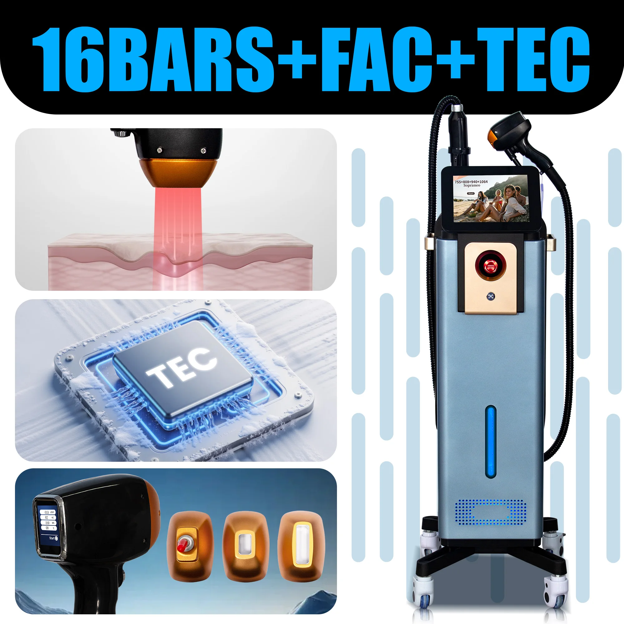 Diode Lase Hair Removal 4 Wavelengths  Pico Tattoo Removal Machine  755nm  FAC Collimation Ice Cooling System Foldable Touch