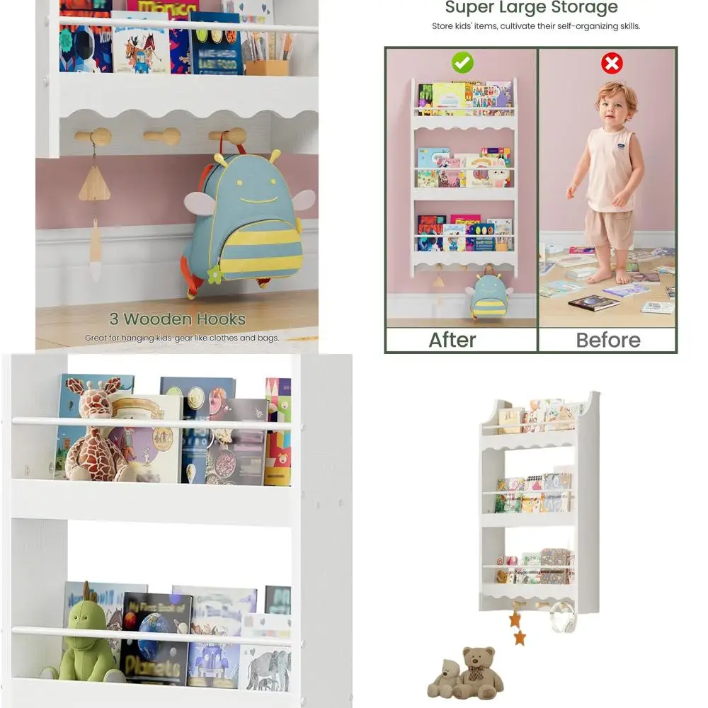 

Настенная книжная полка для детей, 3-уровневая детская книжная полка для стены, плавающие книжные полки с 3 крючками и защитными перилами, для детской комнаты, гостиной