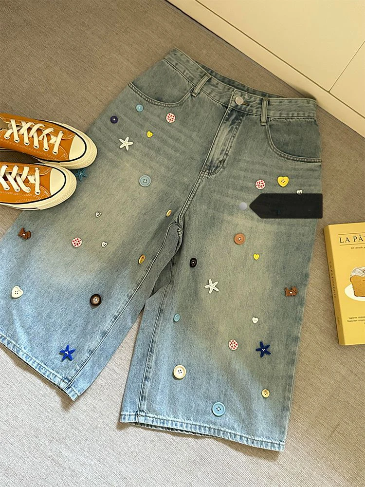 Retro Washed Denim Jeans For Women Korean Colorful Buttons Cropped Pants Summer New High Waisted Versatile Wide Leg Trousers