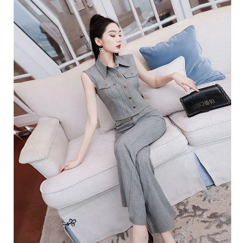 

New High End Office Lady summer women's suit Elegant Laple Sleeveless Zipper Jacket Top + Slim Flare Pants Trousers 2 Piece Set