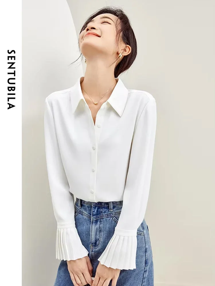 SENTUBILA White Shirt Women 2025 Spring Office Ladies Fashion Flared Long Sleeve Button Up Shirts & Blouses Womens Top 133C50498