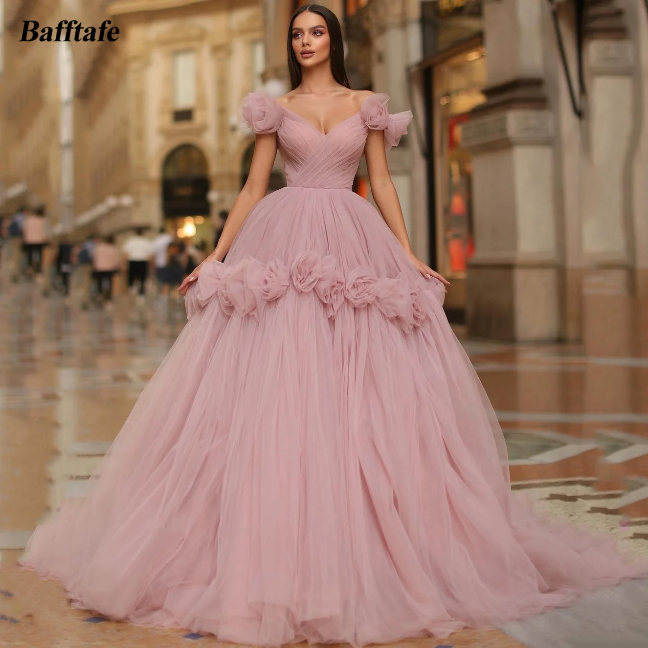 

Bafftafe Pink A Line Korea Tulle Women Prom Dresses Flowers Wedding Photo Shoots Evening Party Formal Evening Gowns Customized