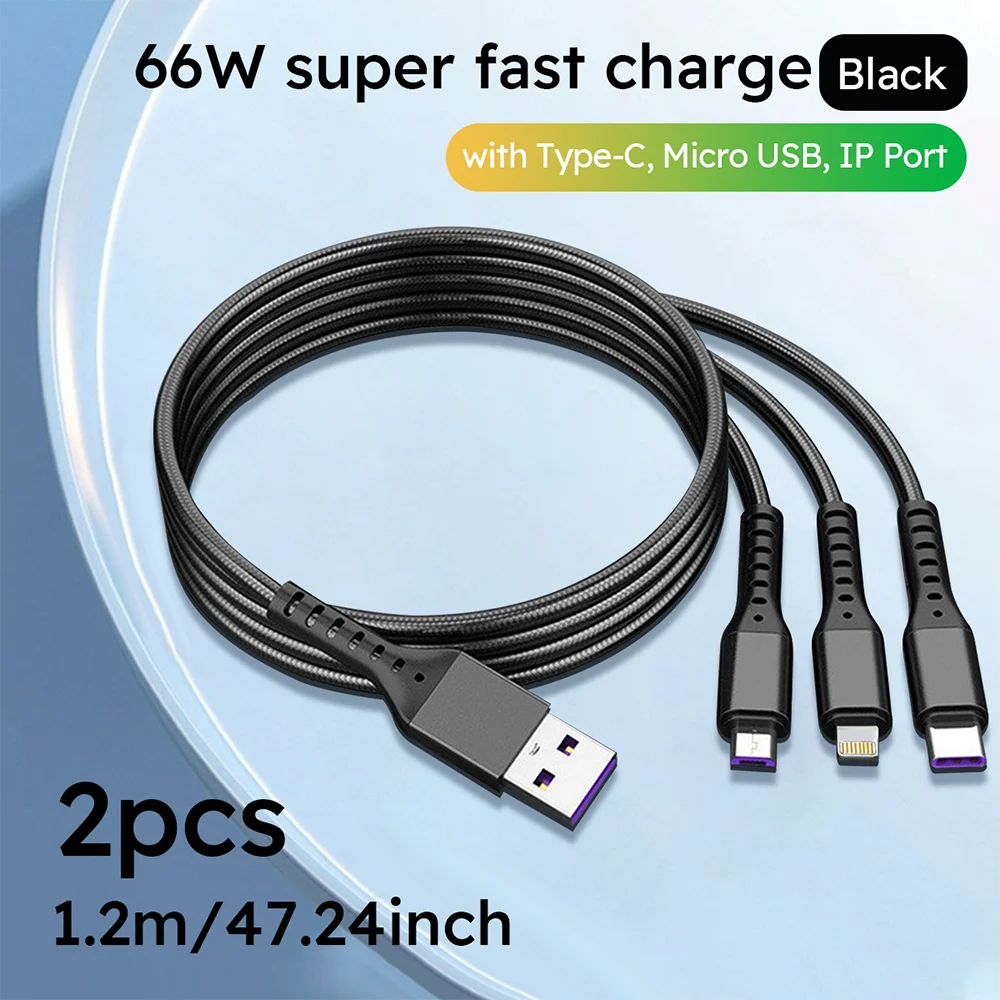 

Кабель для быстрой зарядки 66W, универсальный зарядный кабель с нейлоновой оплеткой, 3 в 1, с разъемами Type-C и Micro USB