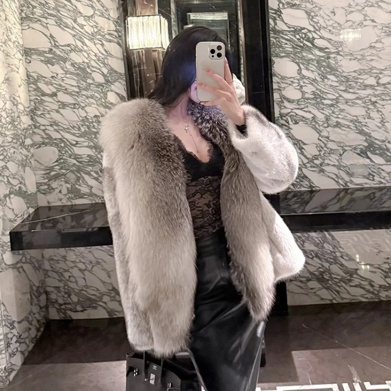 YOLANFAIRY 秋冬 輸入 フォックスファー襟 ミンクファーコート Vネック 長袖 通勤スタイル ファーオーバーコート 2025