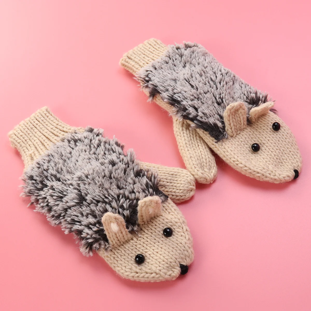 قفازات دافئة الشتاء الكرتون القنفذ نمط محبوك تدفئة المعصم العالمي صالح للنساء الرجال البيج سميكة مضلع الكفة