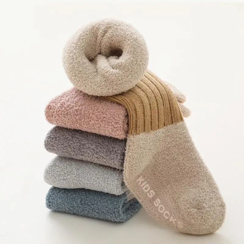 Winter 5pairs/lot Children Thicken Warm Fleece Socks Boy Girl Children Plus Velvet Dispense Glue Antiskid Socks Kid Mid Socks