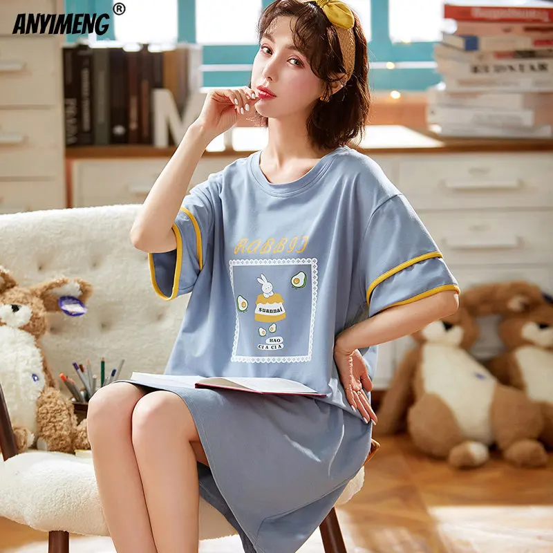 

New Summer Fashion Kawaii Rabbit Printing Women Nightdress Pink Sweet Style Homedress for Girls Soft Cotton Leisure Nightgown