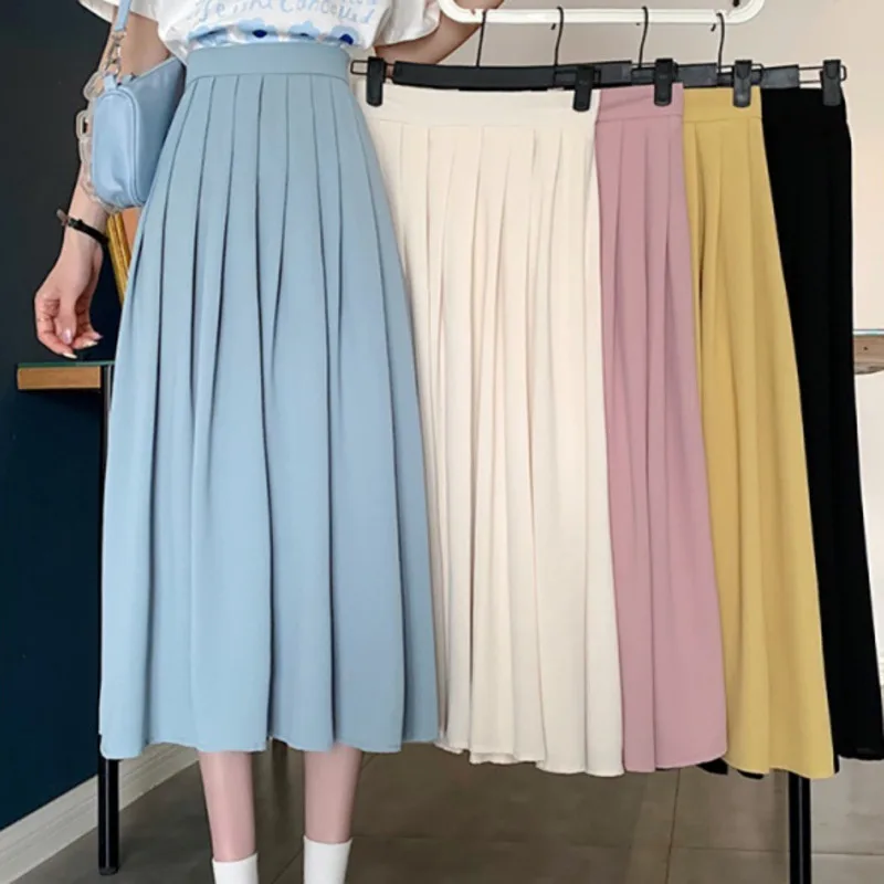 

2024 Summer New Fashion Long Skirt Women's High Waist Pleated Solid Color Mid-Calf Length Elastic Skirts Girls Casual Clothes