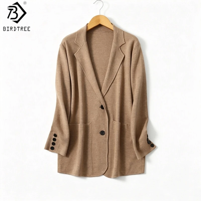 Birdtree, 63.9% Spun Silk Cardigan, Lapel Long Sleeve Tops, Single Breasted, Women Knitted Warmth 2026 Autumn New Coat T69214JF