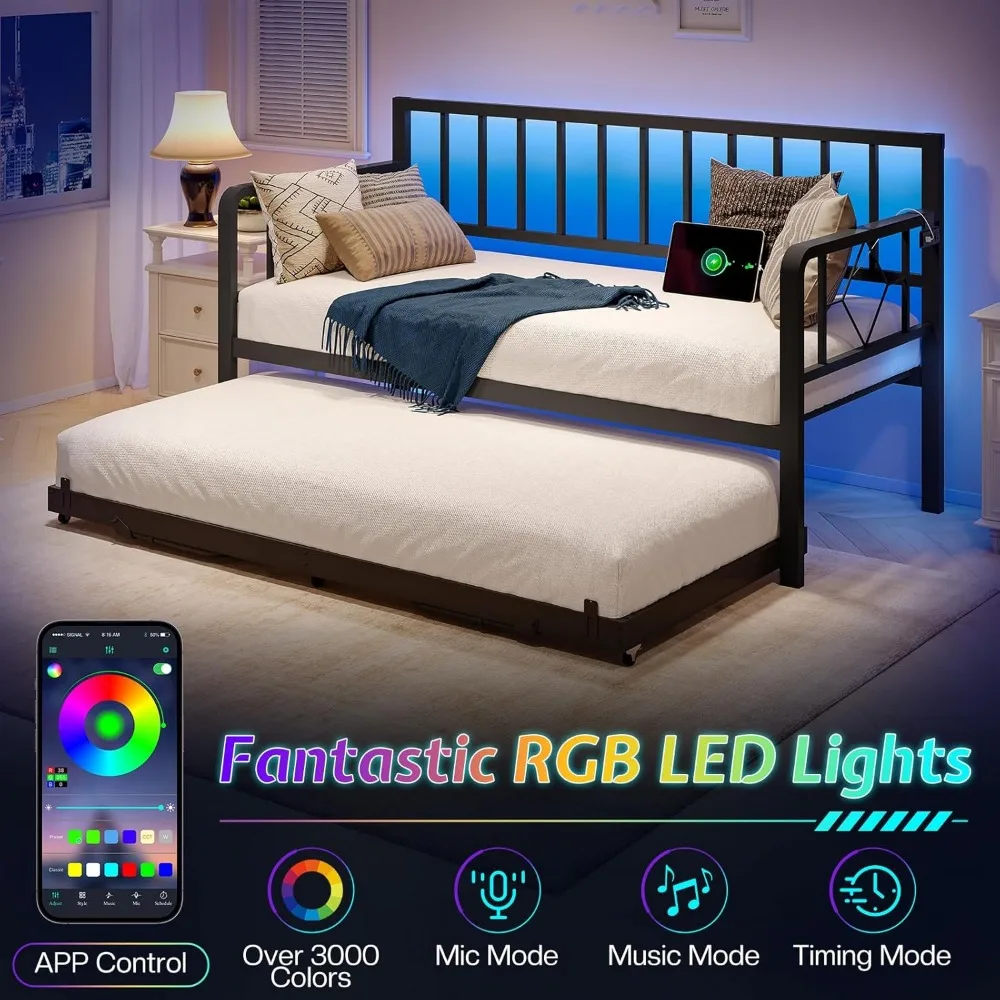 سرير نهاري مزدوج مع قاعدة شحن وأضواء LED، سرير نهاري معدني مزدوج مع دولاب، إطار سرير أريكة متعدد الاستخدامات مع فولاذ