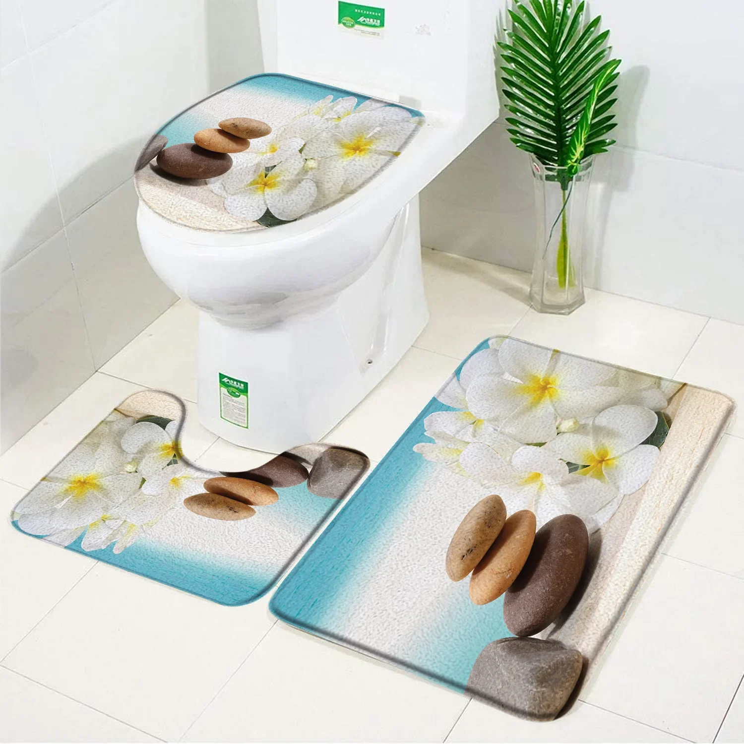 Zen Stone Green Bamboo Flower Bath Mat 3 Pcs Set Bathroom Decor Rug Carpet Anti-Slip Toilet Lid Cover Bathroom Accessories Set