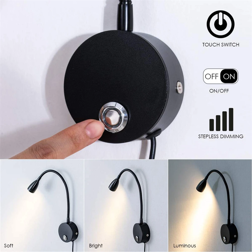 Topoch Brons Flexibele Zwanenhals Lamp Plug in/USB-snoer Opbouwmontage Wandkandelaar voor Bed Hoofdeinde 3 Kleuren Dimmen Leeslamp