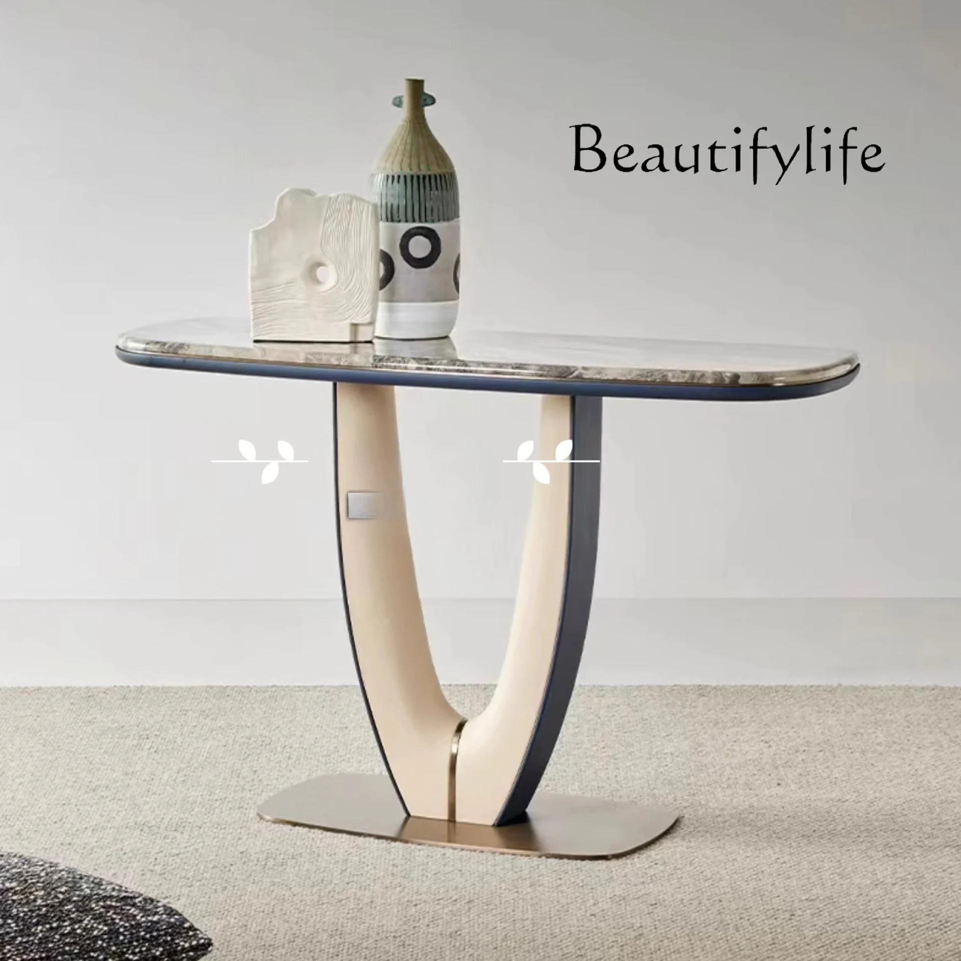 

armoires de salon Italian minimalist saddle leather entrance table stainless steel living room entrance light luxury marble entr