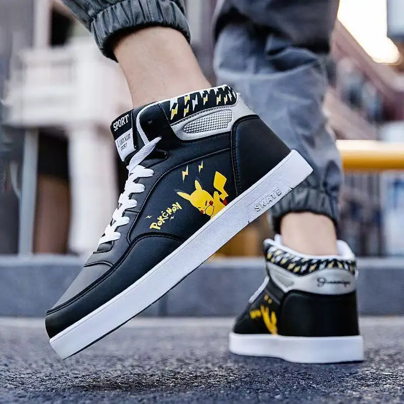 

drop shipping 2025 new spring winter Pikachu white cartoon high top plus big size black canvas shoes student shoes for men women