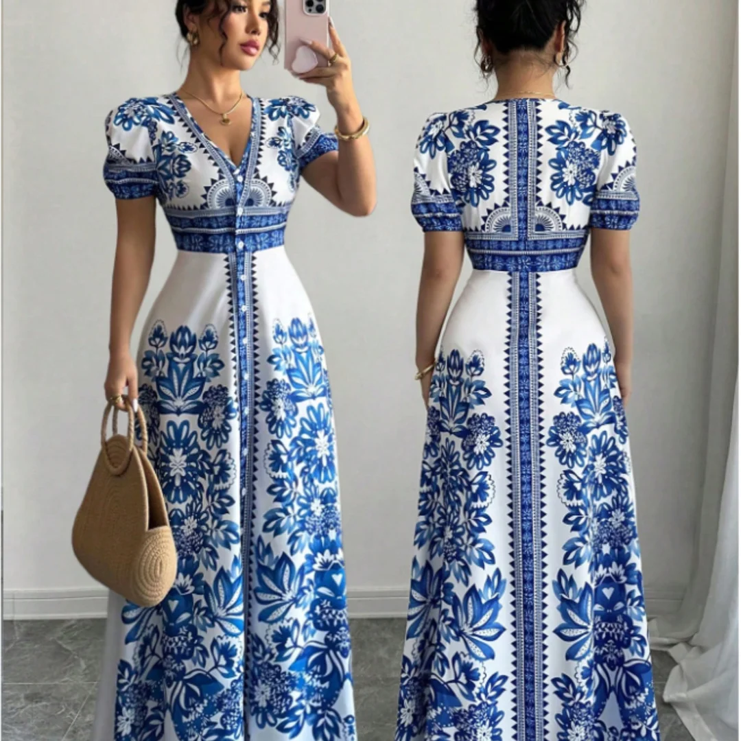 

Plus Size Blue White Floral Print Maxi Dress Women V-Neck Puff Sleeve Button Front A-Line Summer Vacation Dress