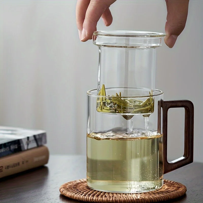 

High Borosilicate Glass Tea Cup with Wooden Handle 3-Piece Set Infuser Strainer Large Capacity Home Use